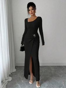 Long Sleeve Maxi Dress Ruched Ribbed Knit Asymmetrical Neck Waist Metal Ring Side Slit Sexy Bodycon Party Women
