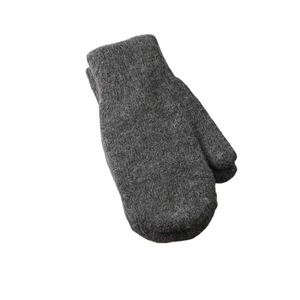 Thick grey wool knit mittens with plush texture for winter warmth on white background
