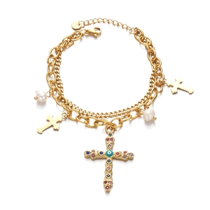 Double-layered gold stainless steel bracelet with cross pendants, pearls and evil eye charm