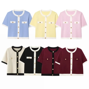 Women Short Sleeve Knitted Cardigan Round Neck Contrast Color Trim Golden Buttons French Style Elegant Top