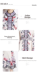 Detailed views of stand collar, belted waist and floral print on bohemian dress