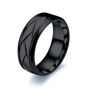 Polished black stainless steel ring featuring geometric grooved stripes on a white background