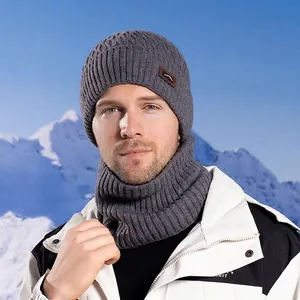 Men's winter knit beanie hat and neck warmer set with fleece lining for outdoor cycling
