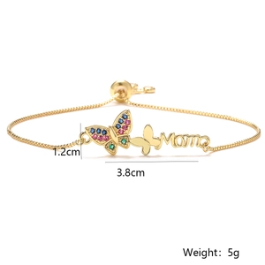 Detail of 18K gold plated MAMA bracelet with colorful zircon butterfly and dimensions