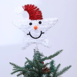 Lighted snowman Christmas tree topper star with warm white glow on pine branches