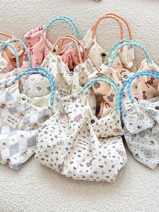 Women Cartoon Bear Rabbit Print Polyester Seersucker Tote Handbag Large Capacity Woven Rope Handle Canvas Shoulder Bag