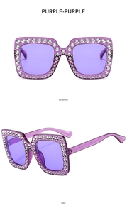 Macro detail of purple square sunglasses with sparkling rhinestones and glitter finish