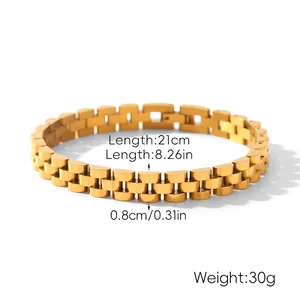 Detail showing 21cm golden watch-band style steel bracelet with 0.8cm width specs