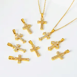 Cross necklace pendant set with micro-paved zircons in 18K gold plated stainless steel