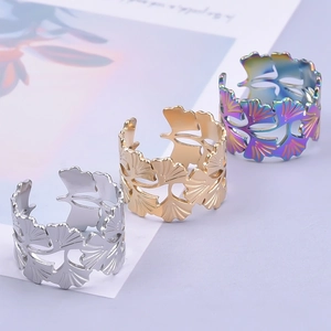 Détails de bagues en acier inoxydable avec motif de feuilles en doré argent et irisés