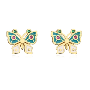 Macro detail of enamel butterfly stud earrings with colorful zircon stones in gold plating