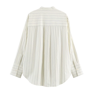 Back view of a loose-fit striped long-sleeve shirt in cream white with curved hem
