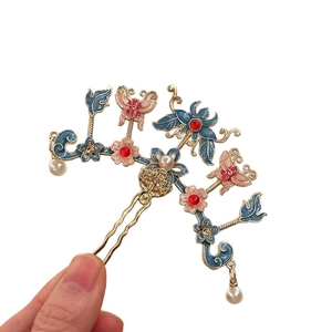 Épingle à cheveux chinoise élégante avec papillon en émail bleu, fleur et pompons perles