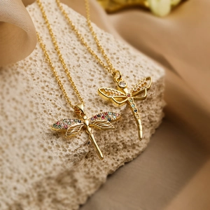 Elegant 18K gold plated dragonfly pendant necklace with colorful cubic zirconia accents