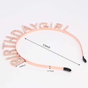 Close-up of rose gold Birthday Girl headband with white rhinestones and dimensions