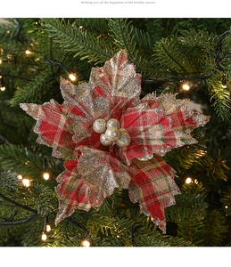 Close-up of red and green plaid Christmas flower with gold glitter edges on tree