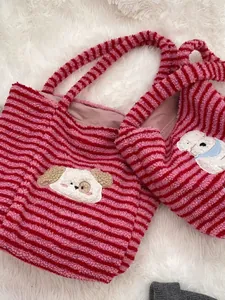 Striped plush tote bag with cute cartoon dog patch embroidery for women fashion
