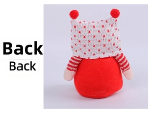 Rear view of festive Christmas gnome plush with red felt body and knitted square hat