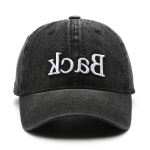 Vintage washed dark grey cotton baseball cap with white Back embroidery on white background