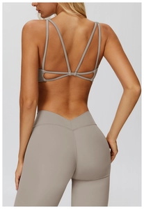 Cross-back yoga bra and V-waist leggings set in high-quality matte taupe fabric