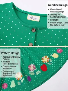 Green polka dot girl's knit dress with apple and pear floral applique embroidery