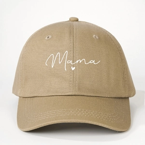 Adjustable khaki cotton baseball cap featuring white Mama script and heart embroidery