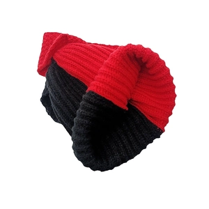 Red and black color block knitted beanie hat with long rabbit ears and ribbed texture