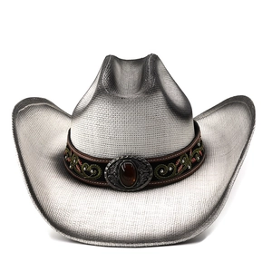 Detailed embroidery and large amber stone on a silver textured western straw cowboy hat
