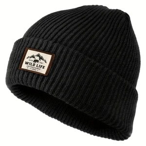 Classic ribbed knit beanie in dark grey featuring a wild life outdoor adventure patch