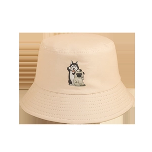 Beige cotton bucket hat with cute cartoon husky and pug embroidery for a casual look