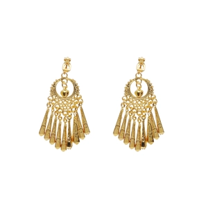 Detail view of Bohemian gold water drop tassel earrings with hollow texture