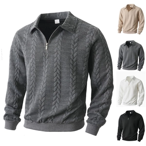 Men Cable Knit Sweater Long Sleeve Lapel Quarter Zip Pullover Casual Solid Color Polyester Knitted Polo Shirt