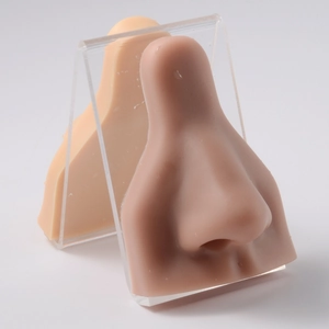 Detail view of skin tone silicone nose models on acrylic stands for jewelry display
