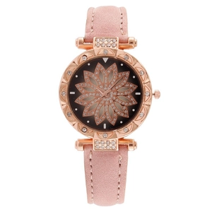 Fashion Women Quartz Watch With Alloy Case Leather Strap Rhinestone Flower Dial Starry Sky Elegant Wristwatch
