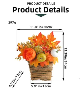 Detail of harvest pumpkin basket with maple leaves and berries for autumn decor