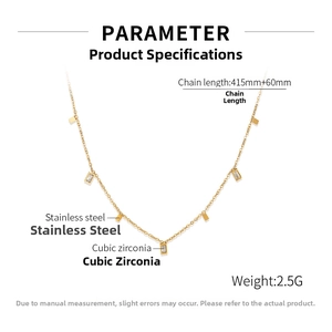 Detail of gold stainless steel necklace with rectangular zircon charms and size specs