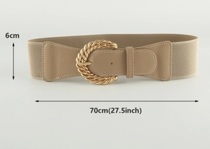 Cintura elastica kaki con fibbia in metallo dorato, larghezza 6cm e lunghezza 70cm info