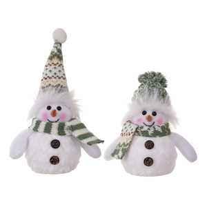 Christmas snowman plush figures with green knit hats and warm scarves on white background