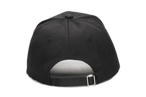 Detailed back view of a black baseball cap with adjustable metal buckle and strap