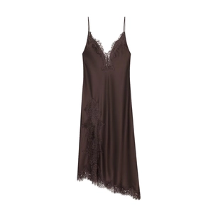 Elegant chocolate silk satin slip dress with lace trim and adjustable spaghetti straps