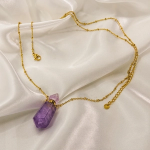 Natural amethyst hexagonal perfume bottle necklace with 14K gold stainless steel chain