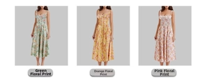 Detailed close-up of three floral patterns in green, orange, and pink on French summer dresses