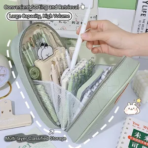 Mint green high-capacity pencil case with woven texture and multi-layer storage compartments