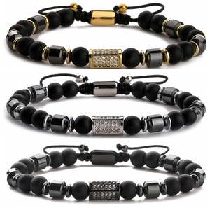 Herren Armband Aus Mattem Schwarzen Stein Mit Mikro-Zirkonia Und Verstellbarem Geflochtenem Seil Mode Schmuck