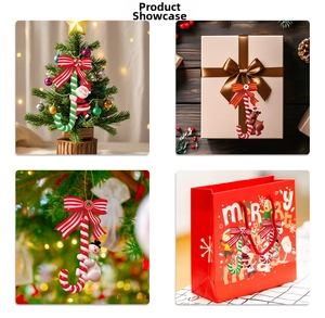 Detailed view of candy cane ornaments with Santa and reindeer on a Christmas tree