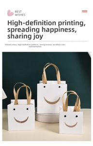 Detailed view of white gift bags with smiley face cutouts and sturdy brown handles