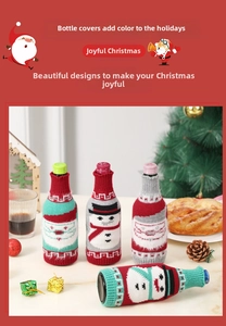 Close-up of knit Christmas bottle covers with Santa and snowman patterns on a table