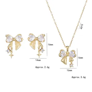 Pink zircon butterfly bow necklace and earring set with dimensions in gold titanium steel