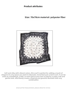Detailed close-up showing 70x70cm dimensions and paisley pattern on polyester silk scarf