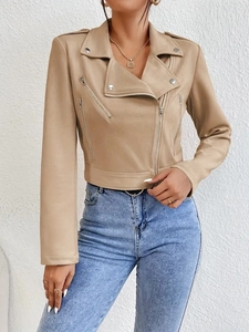 Blouson motard femme en suédine kaki avec coupe ajustée et fermeture éclair asymétrique